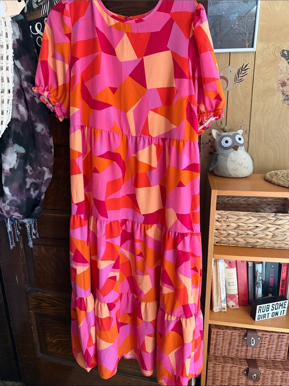 Vibrant Geo Print Tiered Midi Dress in Pink & Orange
